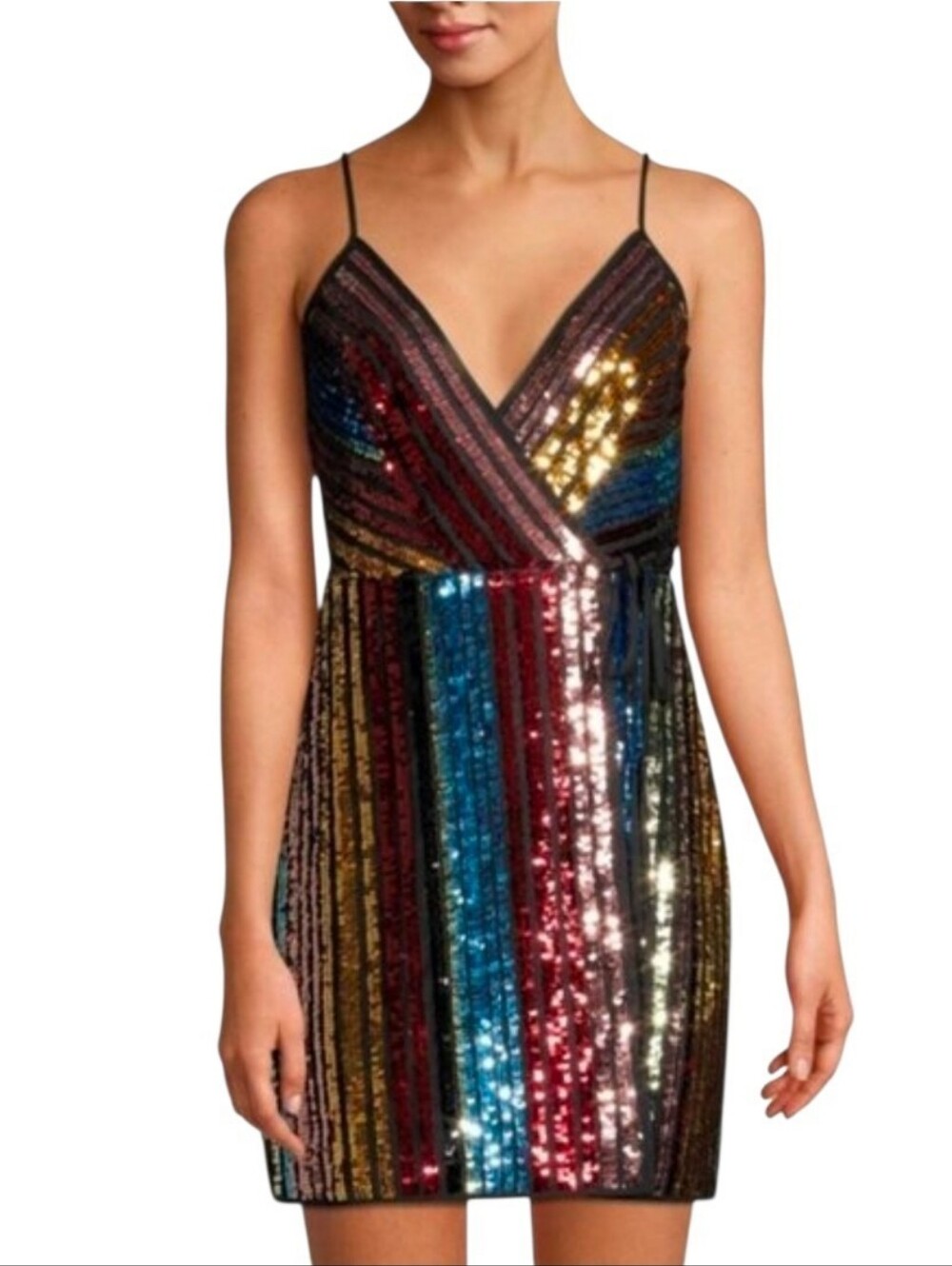 BCBGMAXAZRIA Black Multi Color Sequin Sparkle Faux Wrap Mini Dress - Size 6